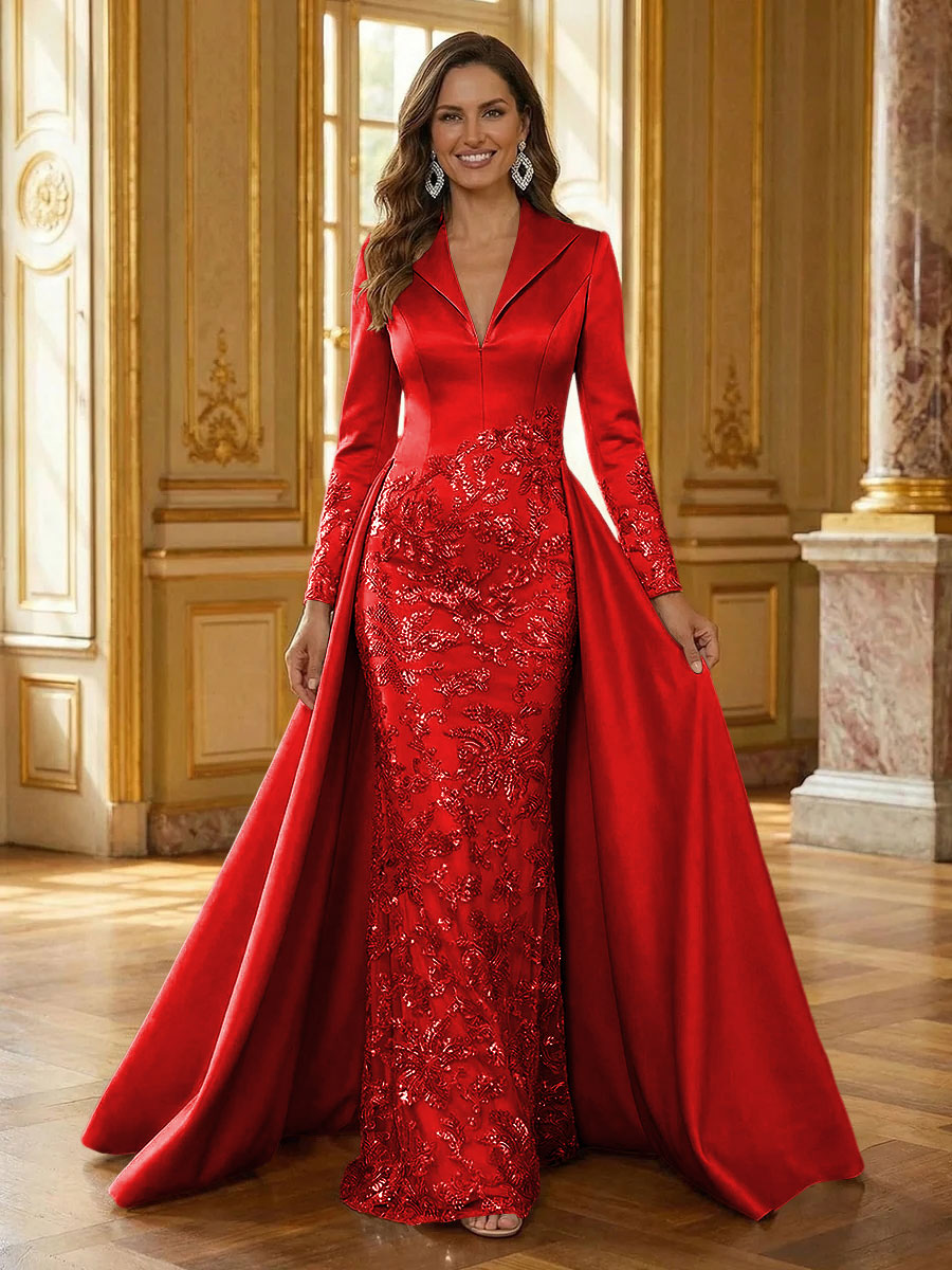 Mother of the Bride & Groom Dress Formal Gown Corset V Neck Layered Satin