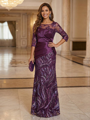 Mother of the Bride & Groom Dress Sheath Illusion Long Sleeves with Floral Sequin Embroidery