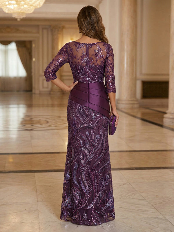 Mother of the Bride & Groom Dress Sheath Illusion Long Sleeves with Floral Sequin Embroidery