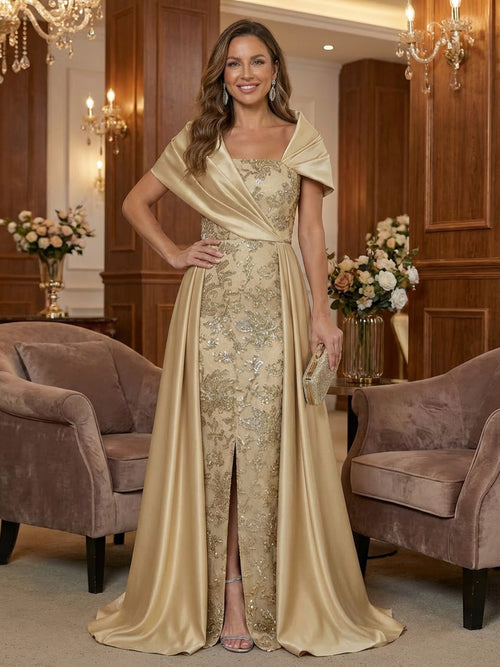 Mother of the Bride & Groom Dress Satin A-Line Asymmetrical Draped Sleeves Maxi Gown with Sequin Embroidery & Front Slit