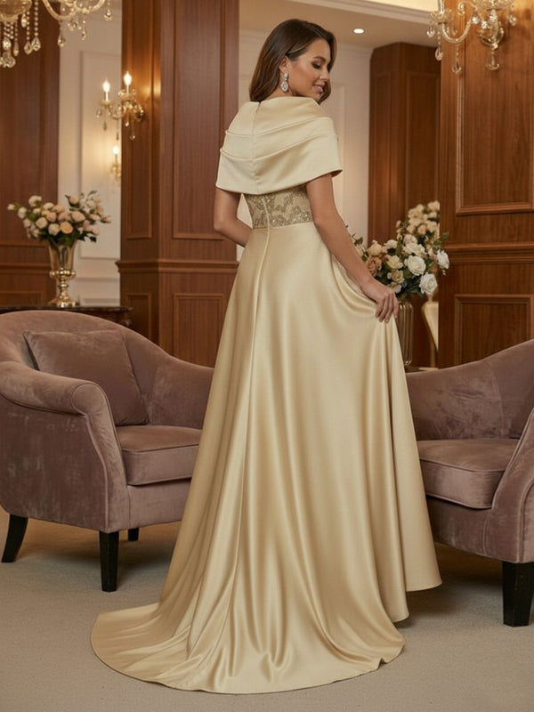 Mother of the Bride & Groom Dress Satin A-Line Asymmetrical Draped Sleeves Maxi Gown with Sequin Embroidery & Front Slit