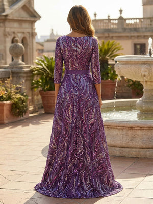 Mother of the Bride & Groom Jumpsuit Satin 3/4 Sleeves Long Formal Evening Gown with Floral Sequin Embroidery