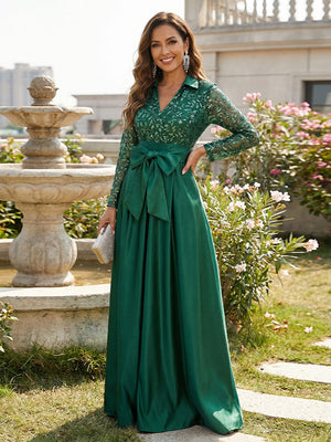 A-Line Mother of the Bride & Groom Dresses with Long Sheer Sleeves, Oversized Satin Bow & Sequin Embroidery