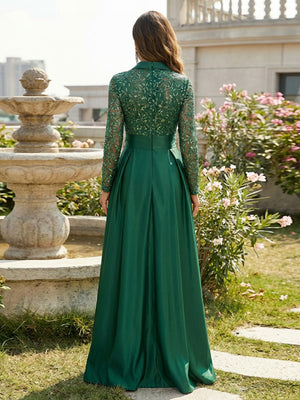 A-Line Mother of the Bride & Groom Dresses with Long Sheer Sleeves, Oversized Satin Bow & Sequin Embroidery