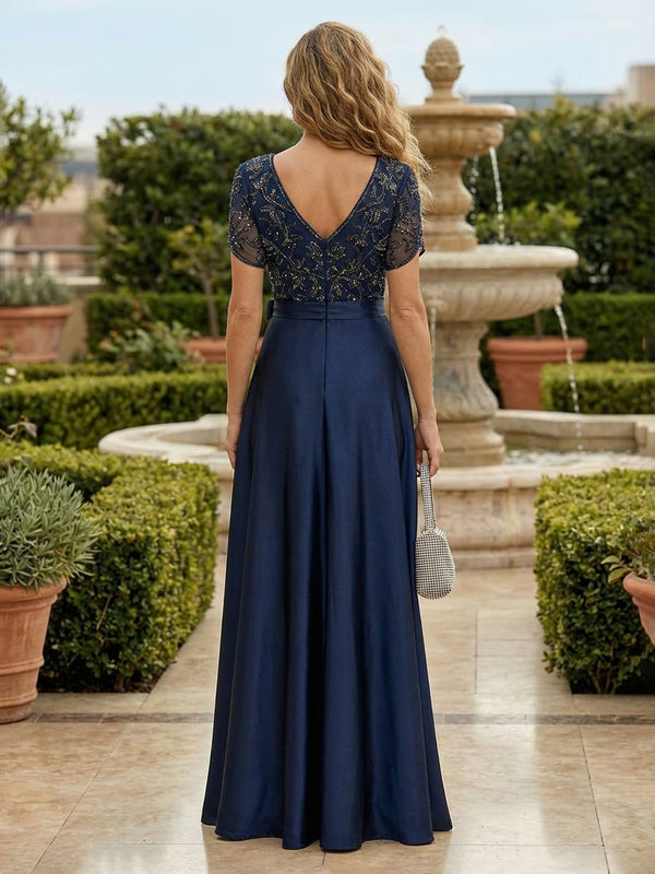Mother of the Bride & Groom Dress V Neck Corset Pleats Side Slit Satin