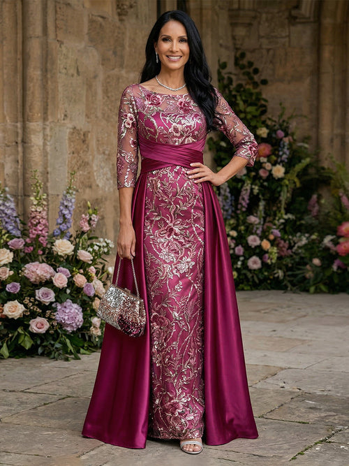 Lace Appliques Mermaid Scoop Neck Satin Pleated Floor Length Mother of the Bride Dresses
