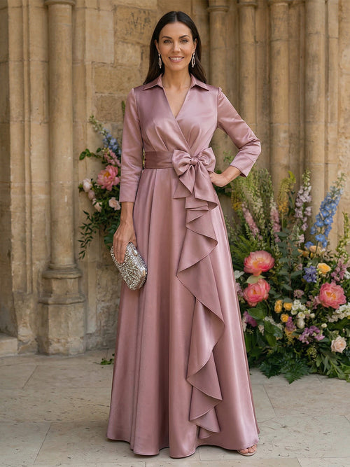 Satin A Line V Neck Floor Length Mother of the Bride Dresses