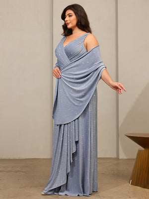 Glitter Tulle A Line V Neck Floor Length Mother of the Bride Dresses