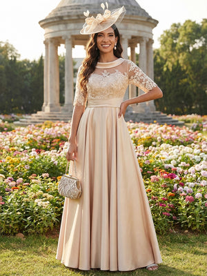 Scoop Neck Lace Appliques A Line Satin Mother of the Bride Dresses