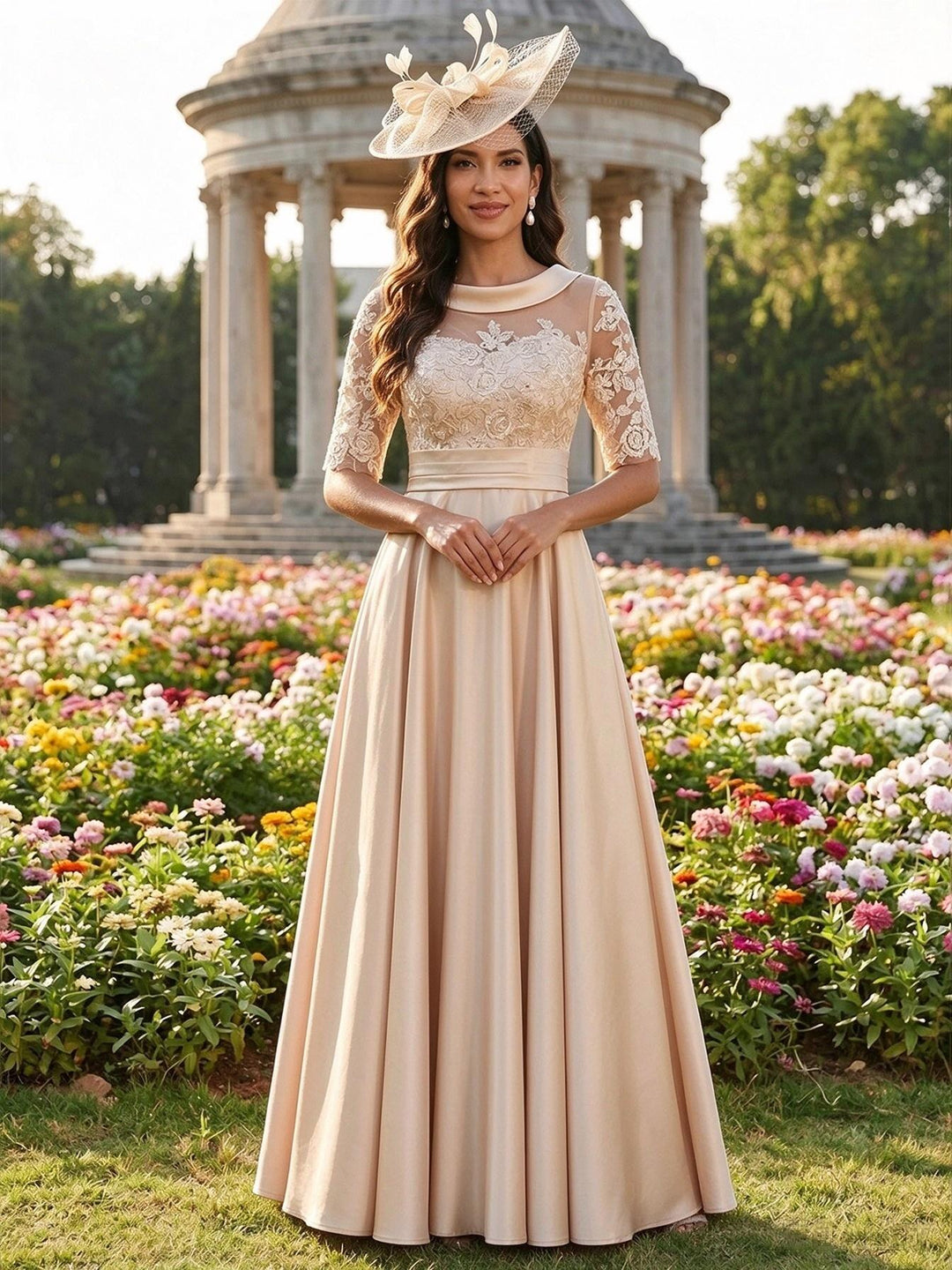 Scoop Neck Lace Appliques A Line Satin Mother of the Bride Dresses