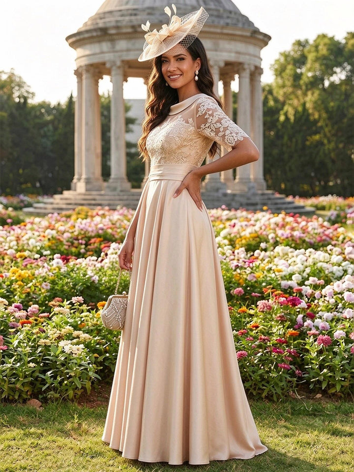 Scoop Neck Lace Appliques A Line Satin Mother of the Bride Dresses