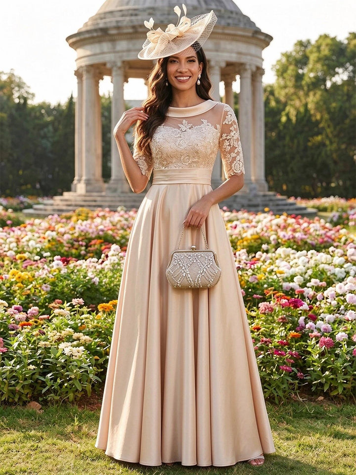 Scoop Neck Lace Appliques A Line Satin Mother of the Bride Dresses