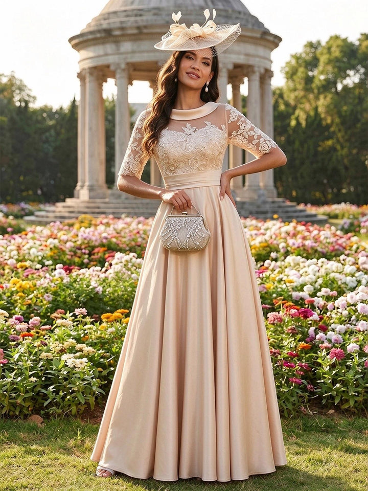 Scoop Neck Lace Appliques A Line Satin Mother of the Bride Dresses