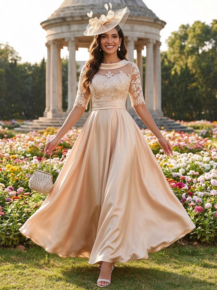 Scoop Neck Lace Appliques A Line Satin Mother of the Bride Dresses