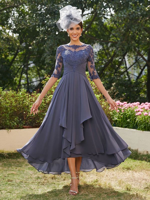 Chiffon 3/4 Sleeves Lace Appliques Mother of the Bride Dresses
