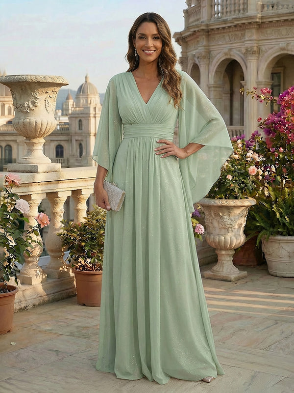 A Line V Neck Pleated Chiffon Mother of the Bride Dresses