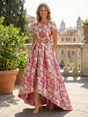 Scoop Neck Floral Jacquard Pleated Mother of the Bride Dresses with Pockets