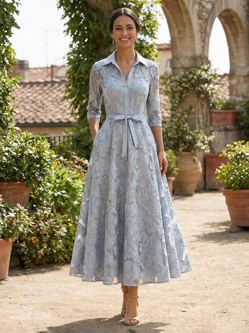 V Neck A Line Floral Embroidered Mother of the Bride Dresses with Pockets