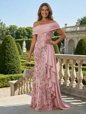 Off Shoulder Lace Appliques Mother of the Bride Dresses with Ruffles