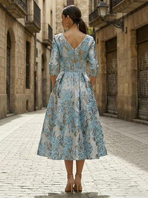 Jacquard A Line V Neck Corset Floral Mother of the Bride Dresses with Pockets