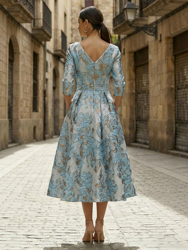 Jacquard A Line V Neck Corset Floral Mother of the Bride Dresses with Pockets