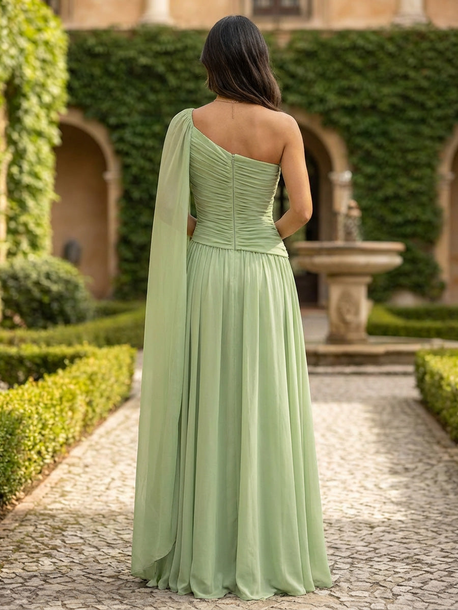 Chiffon A Line One Shoulder Floor Length Formal Dresses