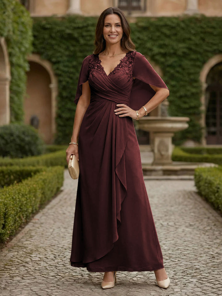 Chiffon A Line V Neck Tea Length Mother of the Bride Dresses