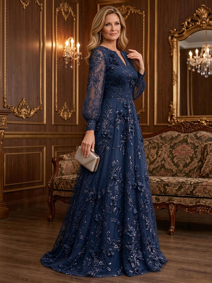 Sequin Floral A Line V Neck 3D Flowers Ruched Mother of the Bride Dresses