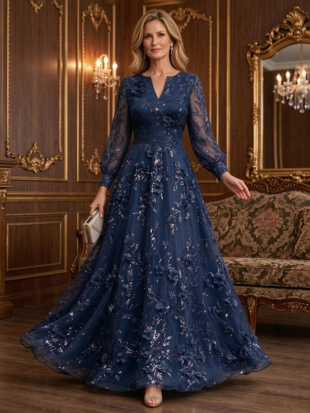 Sequin Floral A Line V Neck 3D Flowers Ruched Mother of the Bride Dresses
