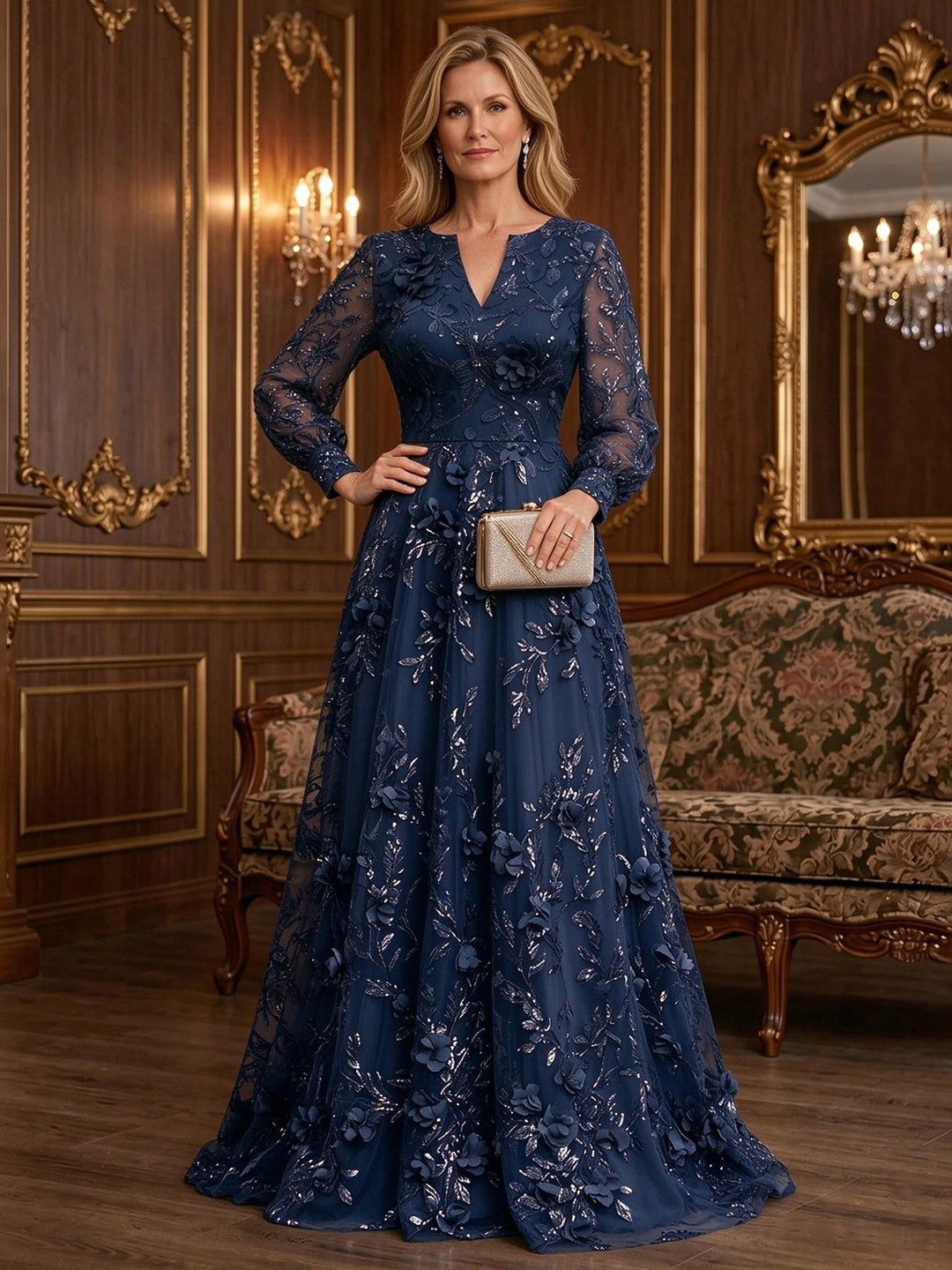 Sequin Floral A Line V Neck 3D Flowers Ruched Mother of the Bride Dresses