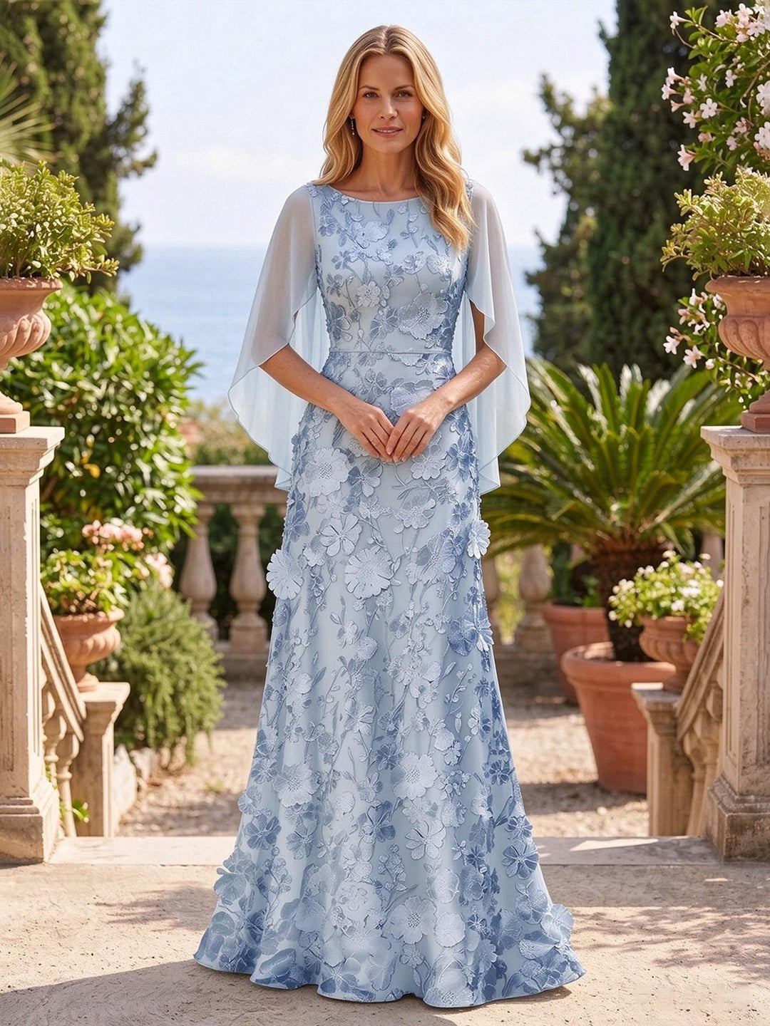 Embroidery A Line Scoop Neck Cape Ruched Mother of the Bride Dresses