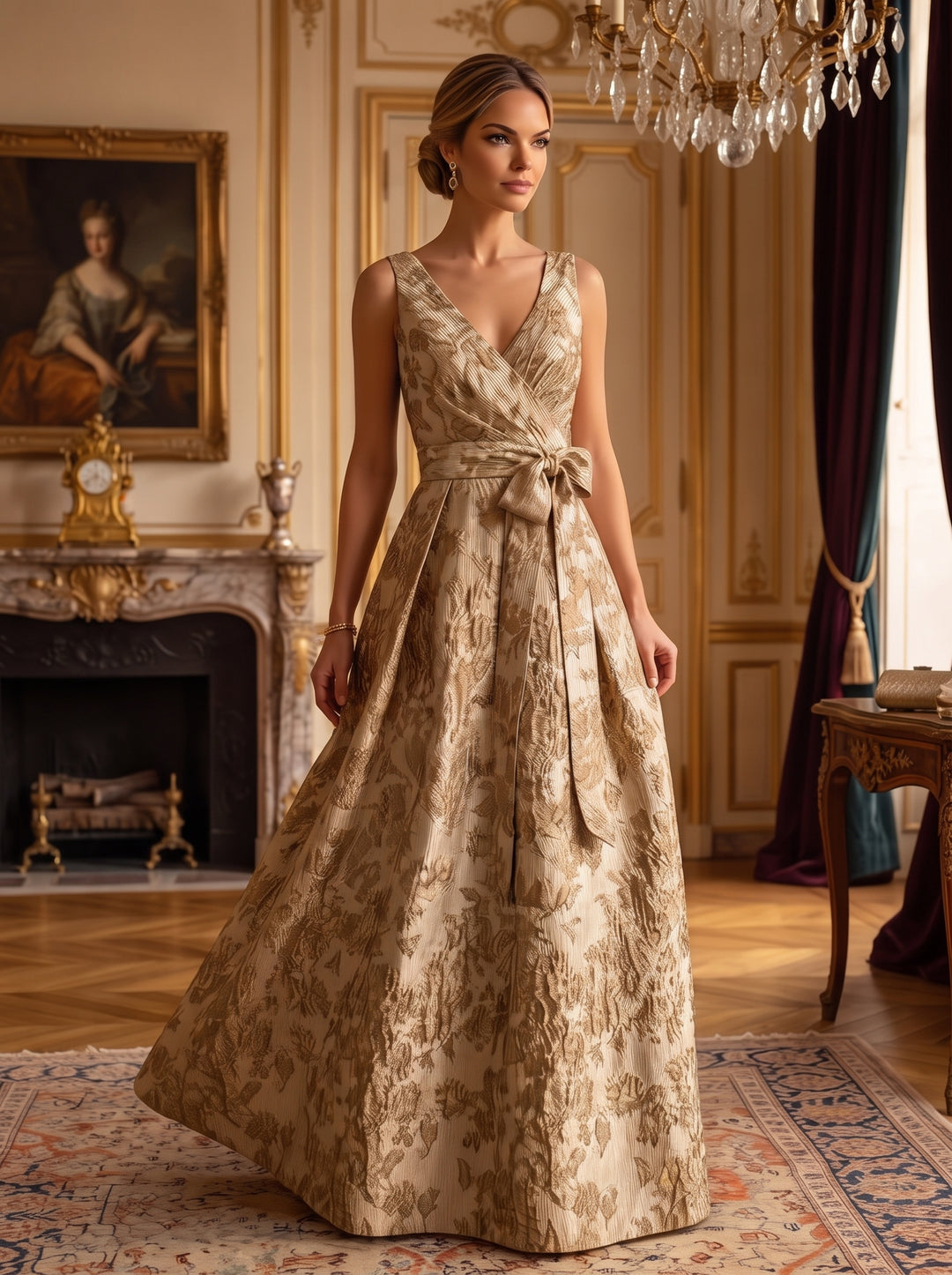 Jacquard A Line V Neck Bow Ruched Mother of the Bride Dresses