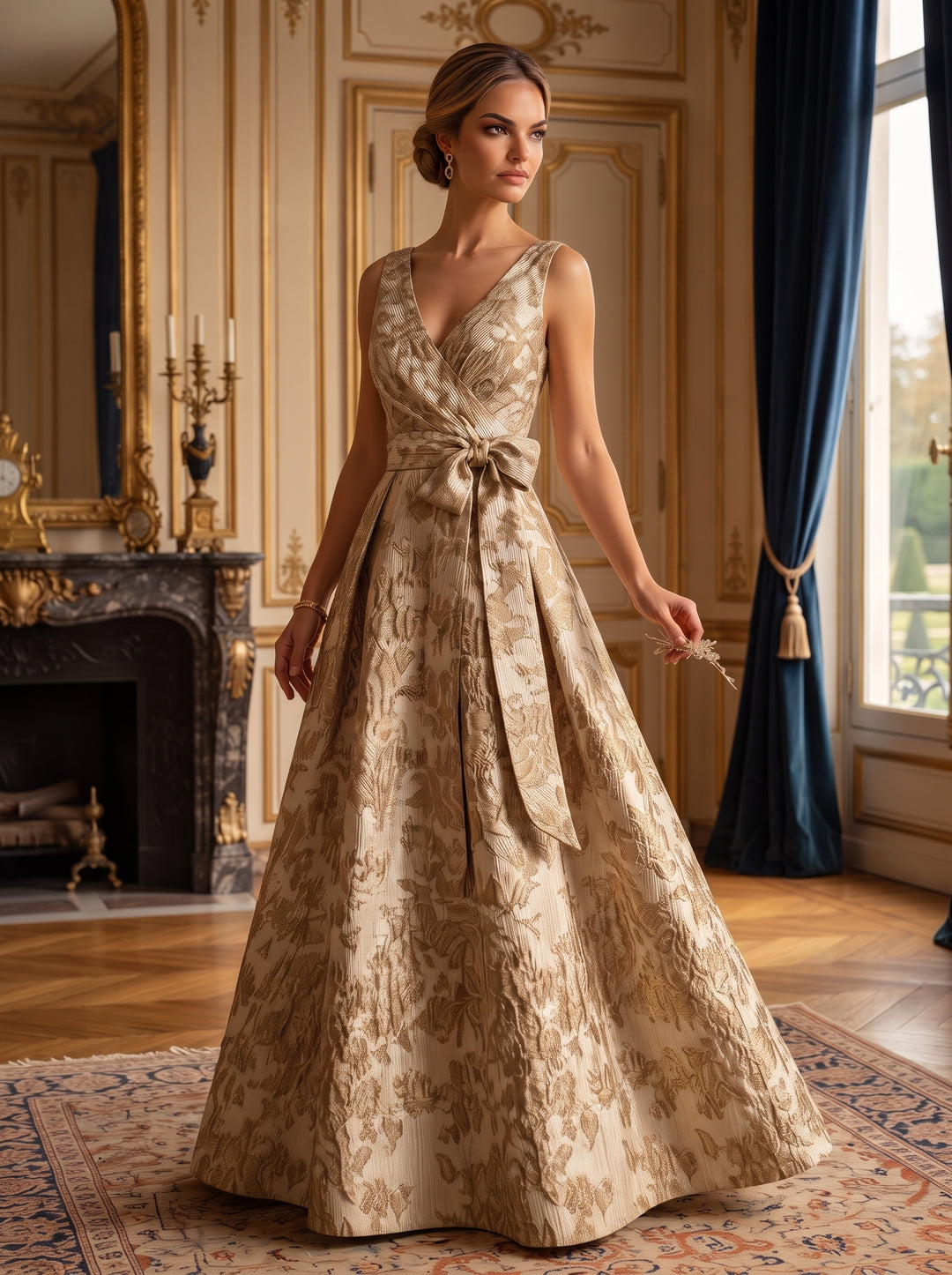 Jacquard A Line V Neck Bow Ruched Mother of the Bride Dresses