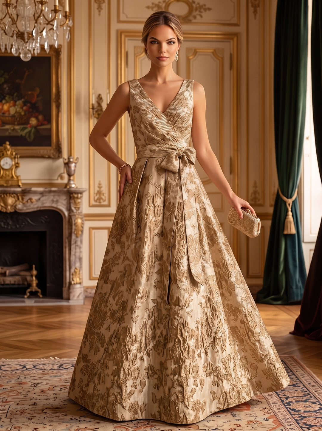 Jacquard A Line V Neck Bow Ruched Mother of the Bride Dresses