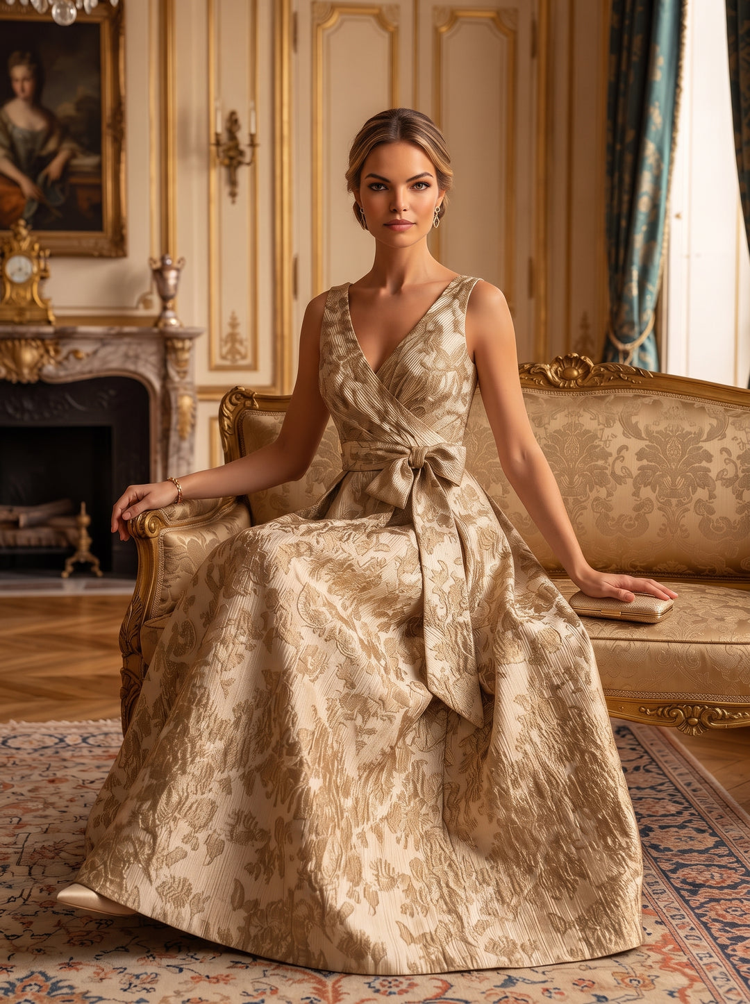 Jacquard A Line V Neck Bow Ruched Mother of the Bride Dresses