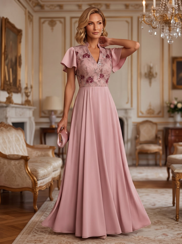 Satin A Line V Neck Floral Embroidery Pleats Mother of the Bride Dresses