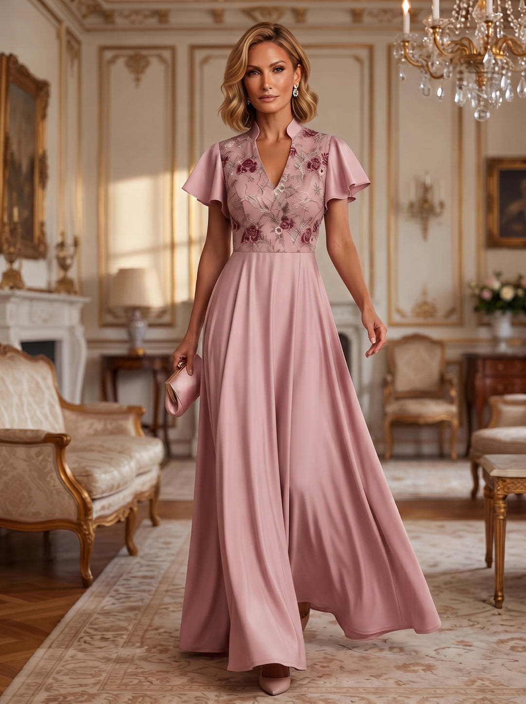 Satin A Line V Neck Floral Embroidery Pleats Mother of the Bride Dresses