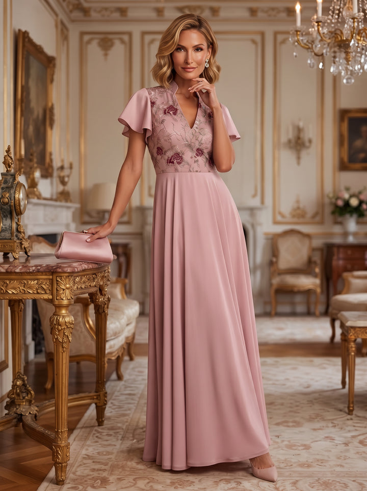 Satin A Line V Neck Floral Embroidery Pleats Mother of the Bride Dresses
