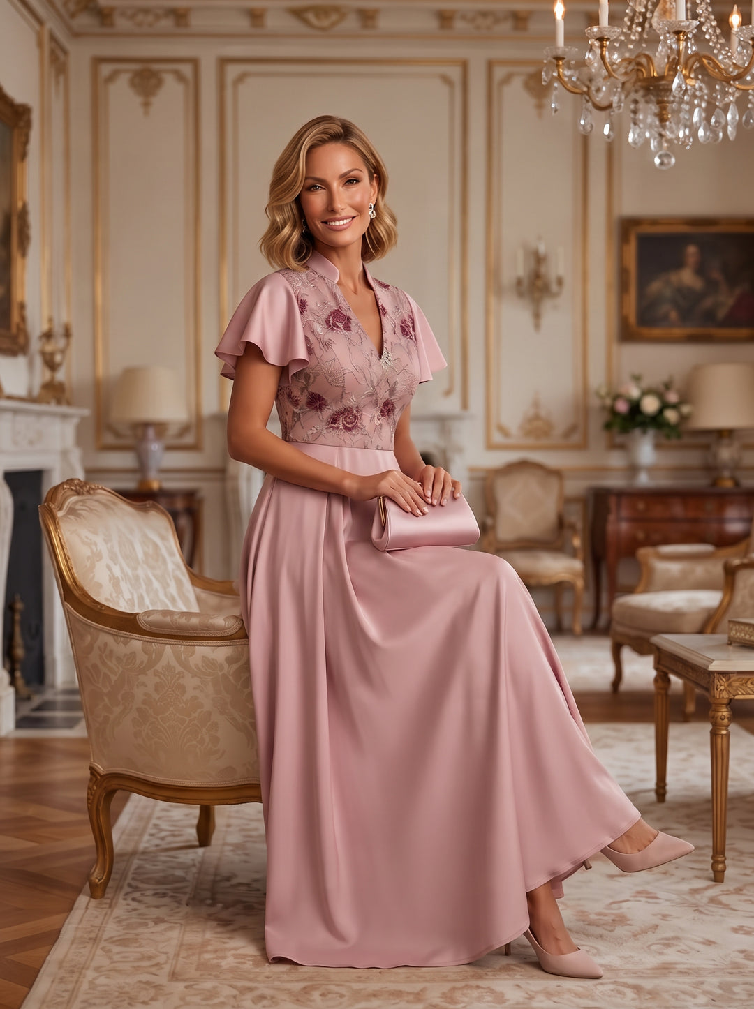 Satin A Line V Neck Floral Embroidery Pleats Mother of the Bride Dresses