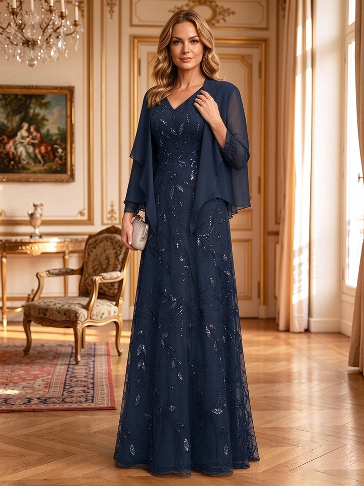 Chiffon Mermaid V Neck Lace Appliques Ruched Mother of the Bride Dresses