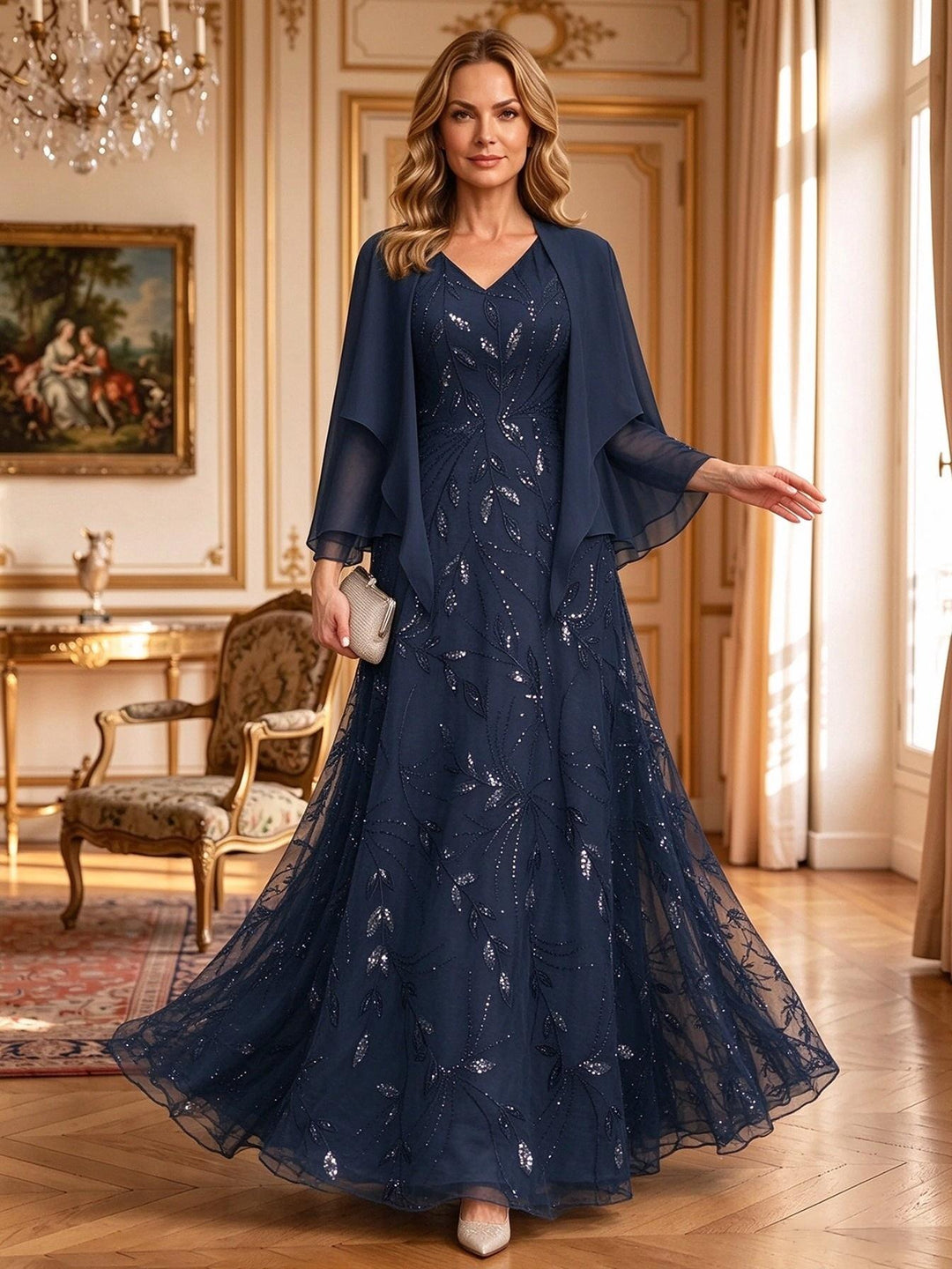 Chiffon Mermaid V Neck Lace Appliques Ruched Mother of the Bride Dresses