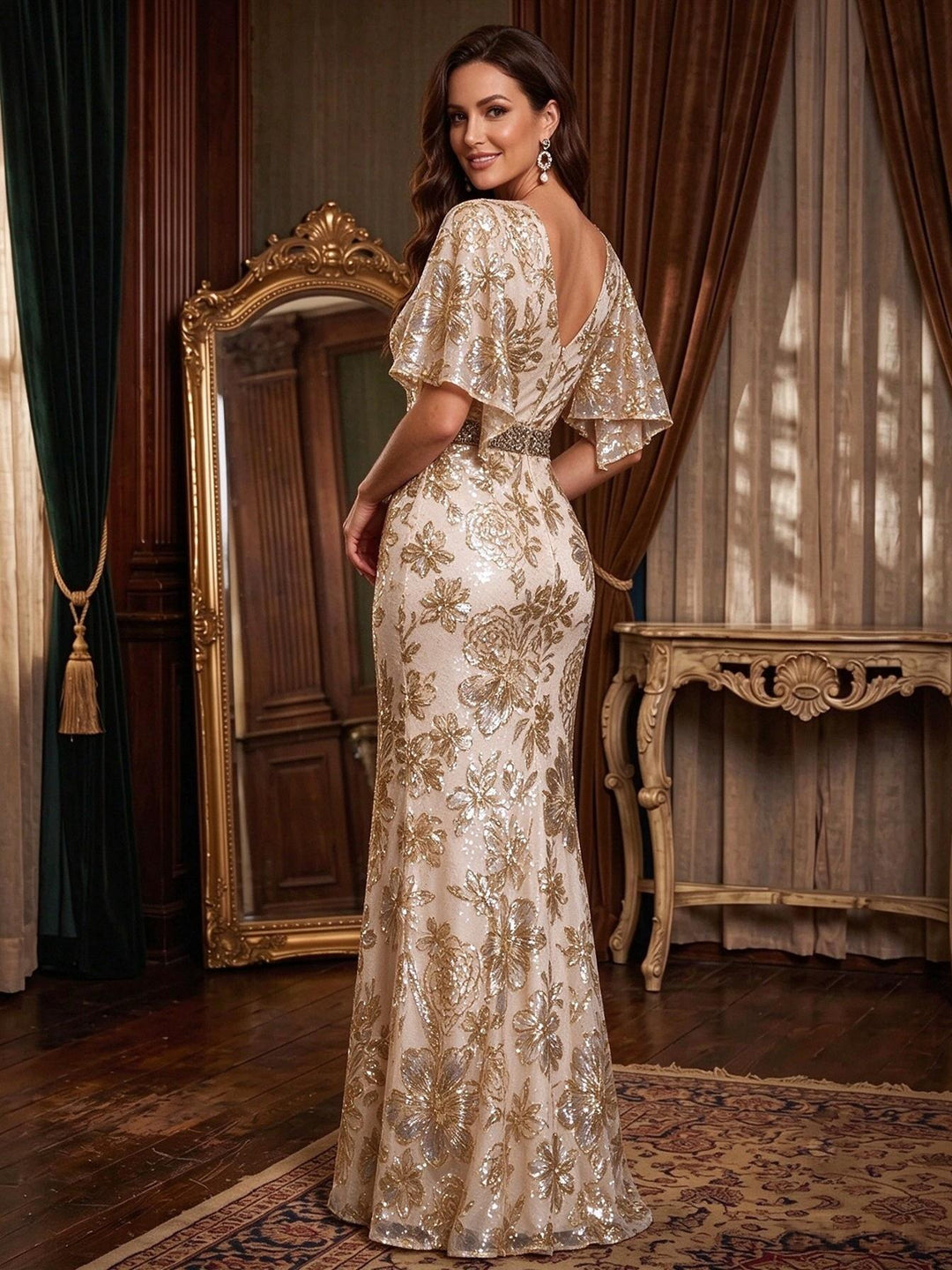 Sequin Floral Mermaid V Neck Lace Appliques elegant  Mother of the Bride Dresses for Women