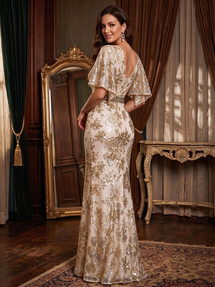 Sequin Floral Mermaid V Neck Lace Appliques elegant  Mother of the Bride Dresses for Women