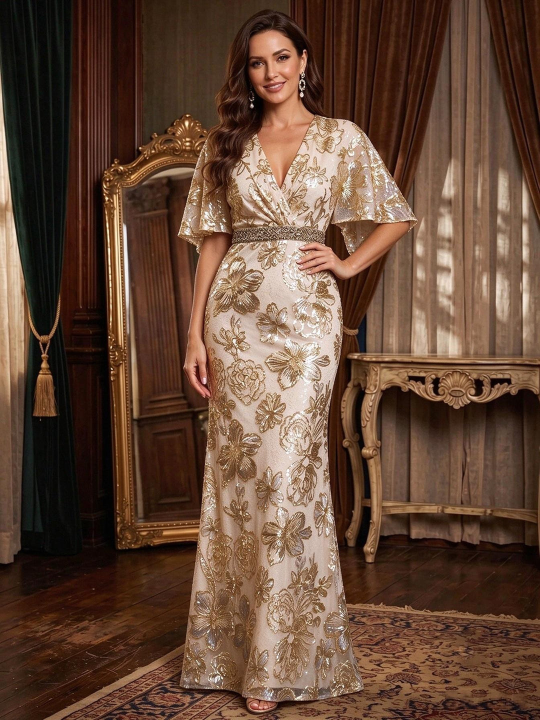 Sequin Floral Mermaid V Neck Lace Appliques elegant  Mother of the Bride Dresses for Women