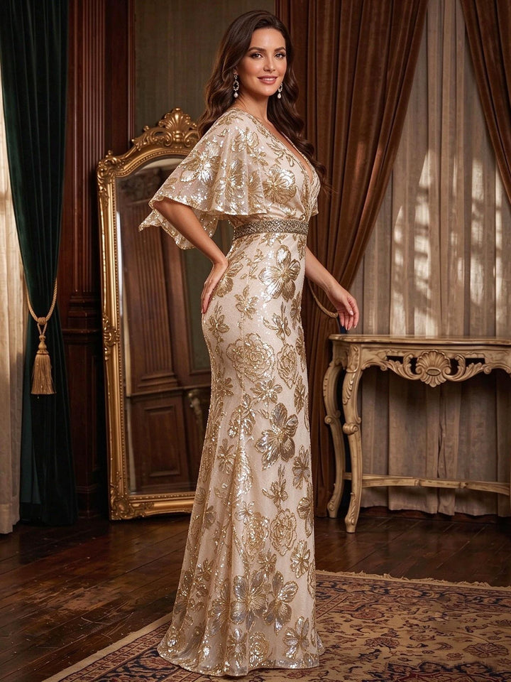 Sequin Floral Mermaid V Neck Lace Appliques elegant  Mother of the Bride Dresses for Women