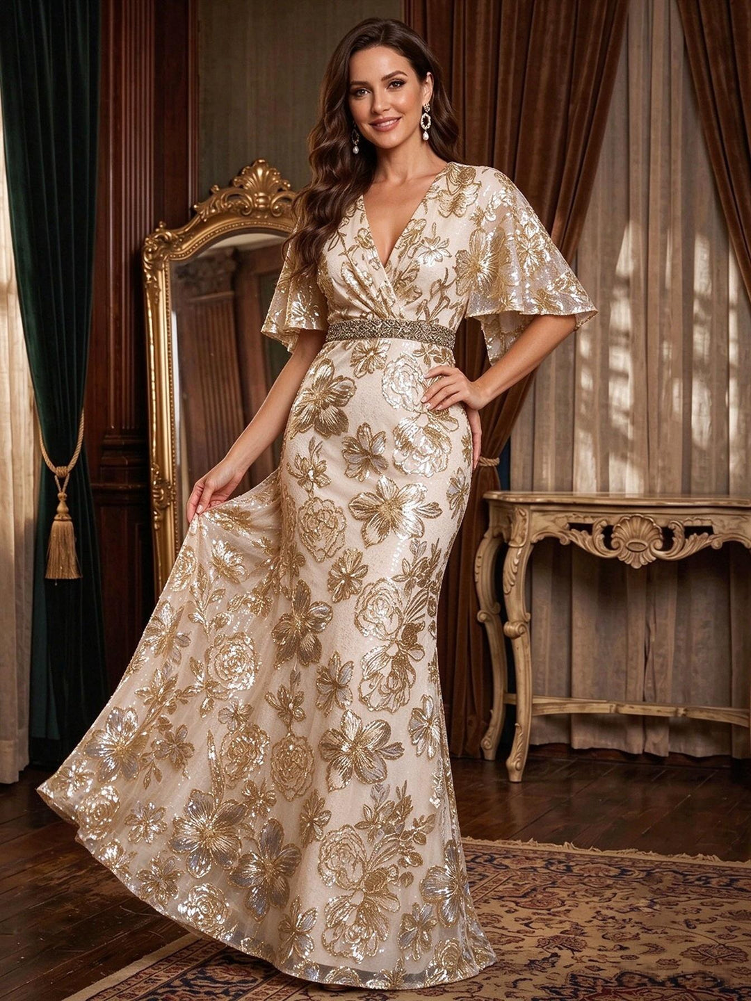 Sequin Floral Mermaid V Neck Lace Appliques elegant  Mother of the Bride Dresses for Women