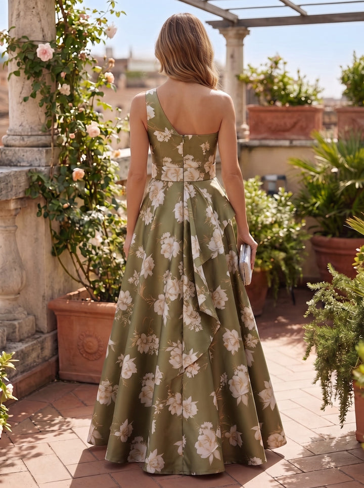 Satin A Line One Shoulder Floral Print Pleats Mother of the Bride Dresses