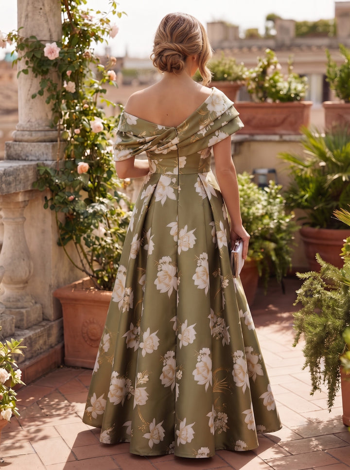 Satin A Line Off the Shoulder Floral Print Drop Waist Mother of the Bride Dresses