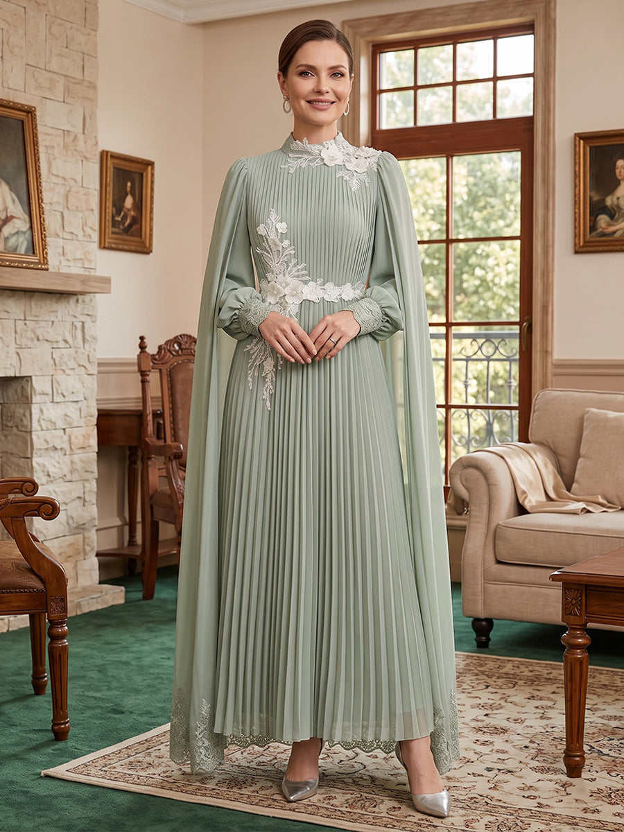Chiffon A Line High Neck Lace Applique Pleated Mother of the Bride Dresses