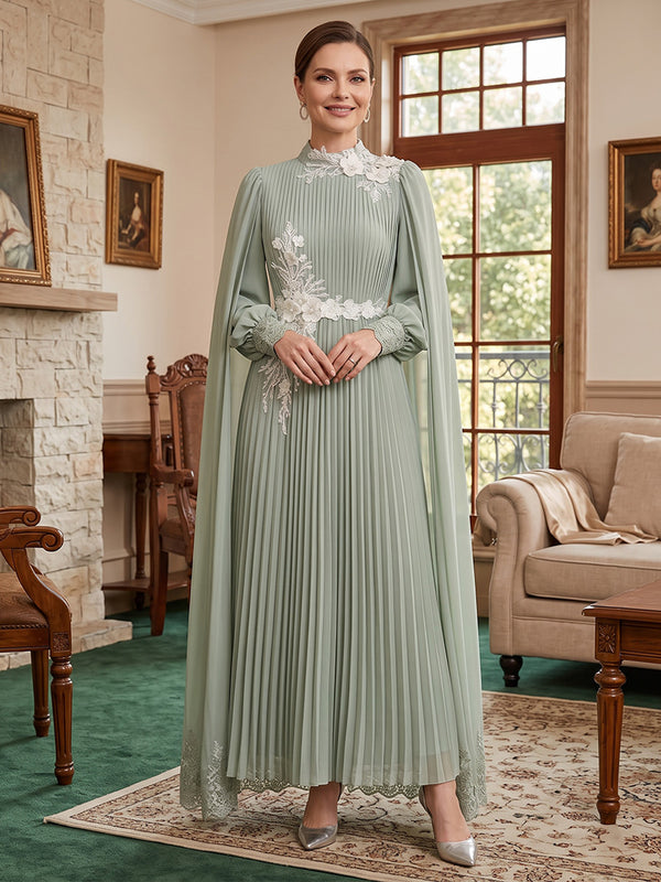 Chiffon A Line High Neck Lace Applique Pleated Mother of the Bride Dresses